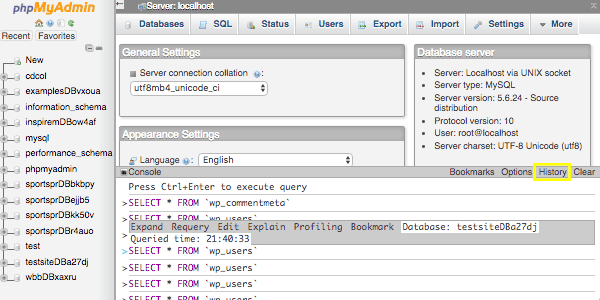 عدم ورود به پیشخوان وردپرس -phpMyAdmin console history