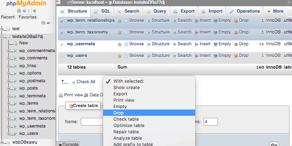 -phpMyAdmin drop tables
