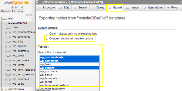برون‌بری اطلاعات پایگاه‌داده در وردپرس -phpMyAdmin export select tables
