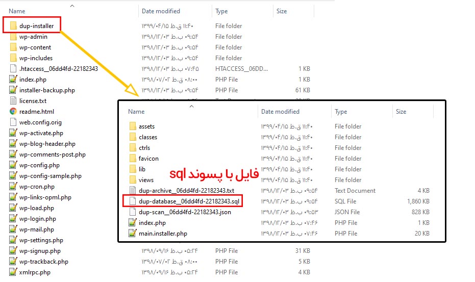 فایل دیتابیس در افزونه duplicator