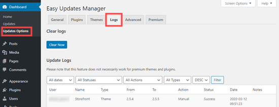 تب LOGS در افزونه Easy Updates Manager