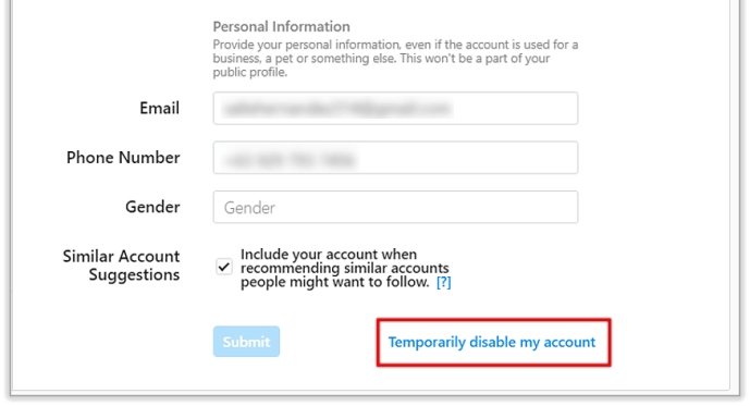 انتخاب گزینه Temporarily disable my account