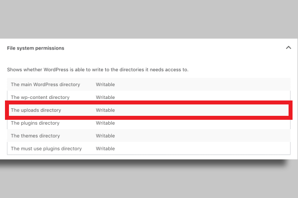 گزینه قابل رایت برای اپلود دایرکتوری وردپرس