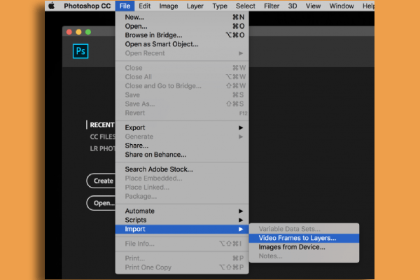 گزینه import برای انتخاب فایل ویدئویی در فتوشاپ