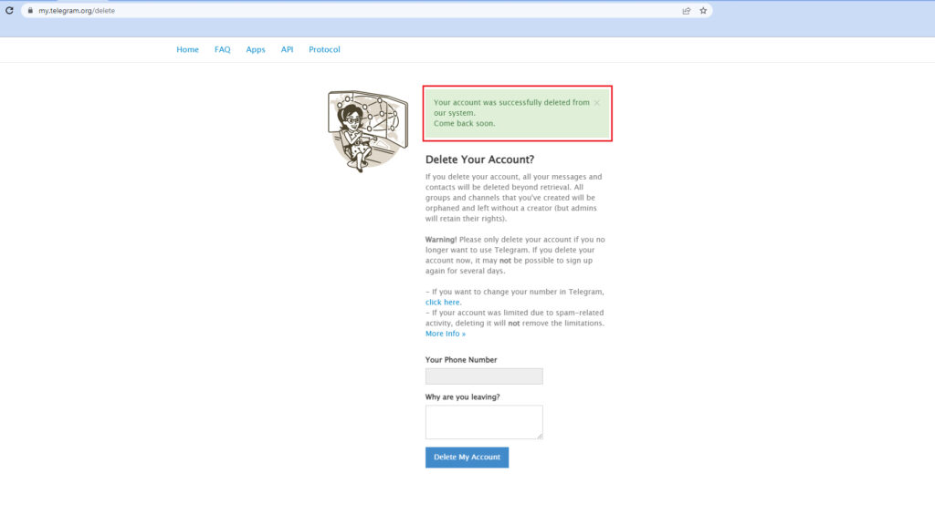 پیام اکانت یا حساب تلگرام شما با موفقیت حذف شد