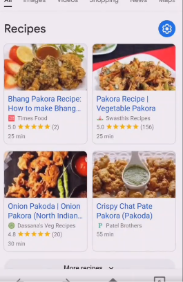 Google shows settings icon for Recipes section