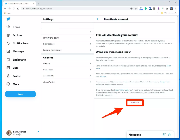 با انتخاب گزینه Deactive دیلیت اکانت توییتر به صورت موقت انجام شده و بعد از 30 روز به صورت دائمی اکانت حذف میشود.