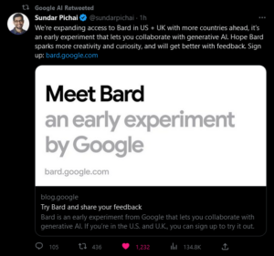 توییت مدیرعامل گوگل درباره انتشار بارد