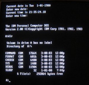 The start-up screen for MS DOS 2.0 on an IBM PC.