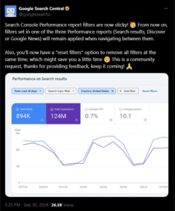 Search Console Performance report filters are now sticky