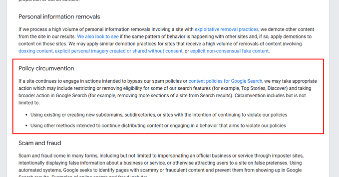 Google warning to bypass site reputation abuse policies