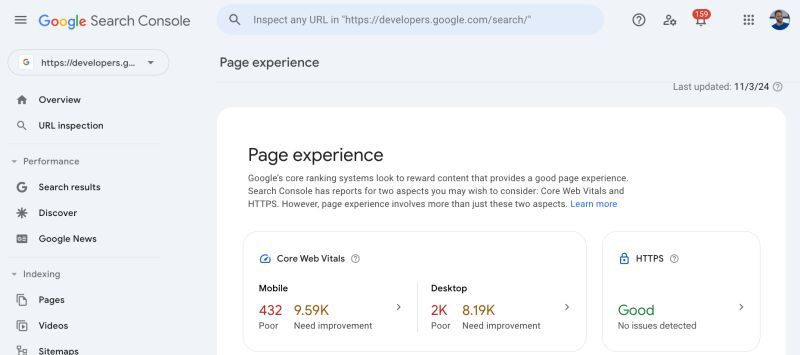 The experience page report has been removed from Google Search Console