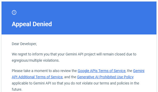 Appeal Denied for the Gemini API project